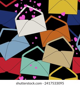 Seamless merry pattern with colorful paper envelopes and heart symbols.