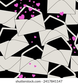 Seamless merry pattern with paper envelopes and heart symbols. Romantic Valentine's Day design.