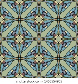Seamless mesh geometric pattern. Cold colouring. Layered pattern. For the design of different surfaces.Art Nouveau pattern.Mosaic.Flat design.