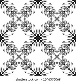 Seamless mesh pattern of stylized branches. Leaves. Black pattern on white background. For decoration and design.