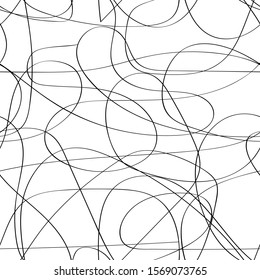 Seamless messy monochrome pattern. Black continuous line with bends and curls isolated on a white background. Vector abstract stock illustration with tangled stripes. Messy hand-drawn brush movement