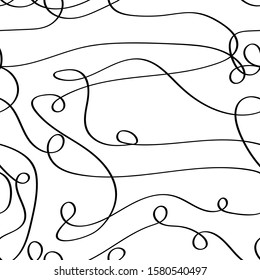 Seamless messy monochrome pattern. Black continuous line with bends and curls isolated on a white background. Vector abstract stock illustration with tangled stripes. Messy hand-drawn brush movement
