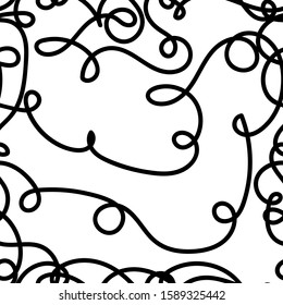 Seamless messy monochrome pattern. Black continuous line with bends and curls isolated on a white background. Vector abstract stock illustration with tangled stripes. Messy hand drawn brush movement