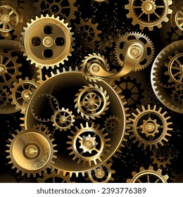 Seamless, metal, brass, gold gears on rusty dark background. Steampunk style.