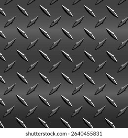 Seamless metal diamond plate texture with 3D raised patterns and dark gradient, ideal for industrial, automotive, or construction-themed backgrounds and designs.