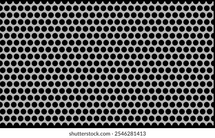 seamless metal mesh pattern with grey circular holes arranged uniformly on a solid black background, creating a sleek and industrial look suitable for various designs