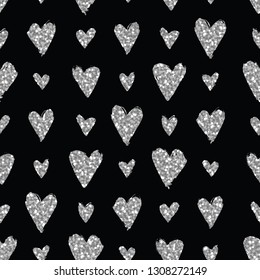 Seamless metallic heart pattern. Sketch style background for Valentine Day cards, wrapping paper, textile. Black and white ornament. Shining silver confetti hearts.