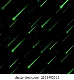 Seamless meteor rain, shooting stars background. Bright, streaking magic lights falling from the sky. Dynamic space backdrop with fiery comets