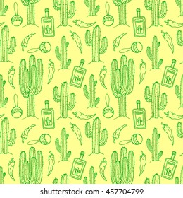 seamless mexican background of cactuses, bottles of tequila and maracas. hand-drawn illustration