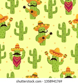 Seamless Mexican cactus pattern. Cute cactus with guitar, sombrero, maracas.