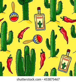 seamless mexican colorful  background of cactuses, bottles of tequila and maracas. hand-drawn illustration
