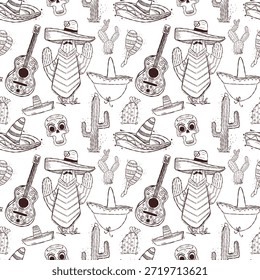 Nahtloses mexikanisches Doodle-Muster mit Sombrero-Kaktus-Totenkopf-Gitarre und Maracas im handgezeichneten Stil
