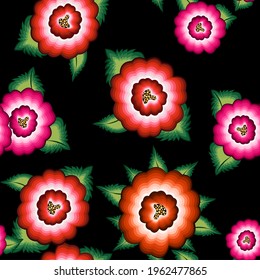 Seamless Mexican floral embroidery pattern, ethnic colorful native flowers folk fashion design. Embroidered Traditional Textile Style of Mexico, vector isolated on black background