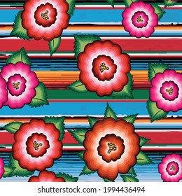 Seamless Mexican floral embroidery pattern, ethnic colorful native flowers folk fashion design. Embroidered Traditional Textile Style of Mexico, vector isolated on striped background