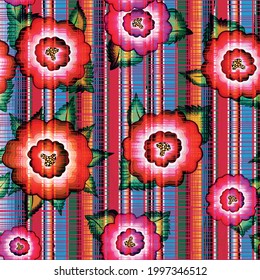 Seamless Mexican floral embroidery pattern, ethnic colorful native flowers folk fashion design. Embroidered Traditional Textile Style of Mexico, vector isolated on striped background