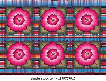 Seamless Mexican floral embroidery pattern, ethnic colorful native flowers folk fashion design. Embroidered Traditional Textile Style of Mexico, vector isolated on striped background