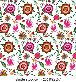 Seamless Mexican floral embroidery pattern, colorful native flowers folk fashion design. Embroidered Traditional Textile Style of Mexico, vector isolated on white background