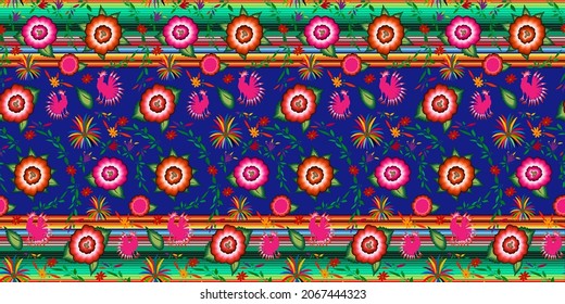 Seamless Mexican floral embroidery pattern, colorful native flowers folk fashion design. Embroidered Traditional Textile Style of Mexico, colors striped, vector isolated on blue background