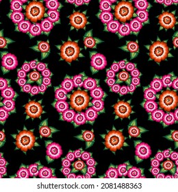 Seamless Mexican floral embroidery pattern, ethnic colorful Mandala native flowers folk fashion design. Embroidered Traditional Textile Style of Mexico, vector isolated on black background