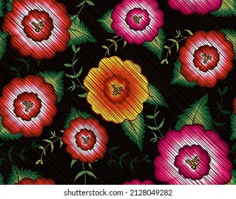 Seamless Mexican floral embroidery pattern, colorful native flowers folk fashion design. Embroidered Traditional Textile Style of Mexico, vector isolated on black background