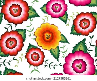 Seamless Mexican floral embroidery pattern, colorful native flowers folk fashion design. Embroidered Traditional Textile Style of Mexico, vector isolated on white background