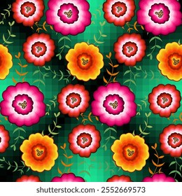 Padrão de bordado floral mexicano sem costura, flores nativas coloridas design de moda folclórica. Estilo têxtil tradicional bordado do México, vetor isolado no fundo verde