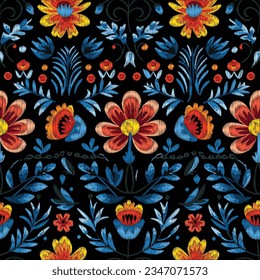 Seamless Mexican flower traditional pattern. Mexican ethnic embroidery decoration ornament. Flower symmetry texture. Ornate folk graphic, wallpaper. Festive mexican floral motif. Vector illustration.