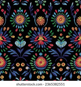 Seamless Mexican flower traditional pattern. Mexican ethnic embroidery decoration ornament. Flower symmetry texture. Ornate folk graphic, wallpaper. Festive mexican floral motif. Vector illustration.