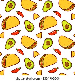 Seamless Mexican food pattern. Taco, avocado, red chili peppers and nachos on white background. Repeating texture vector illustration in cute cartoon style.