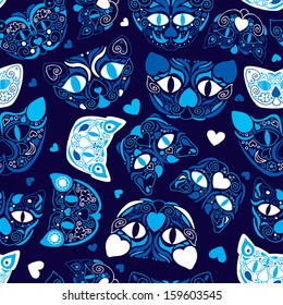 Seamless mexican muerto style cat illustration background pattern in vector