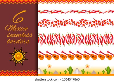 Seamless Mexican pattern border set isolated on white background. Cinco de Mayo decoration garland collection for your holiday design. Vector illustration