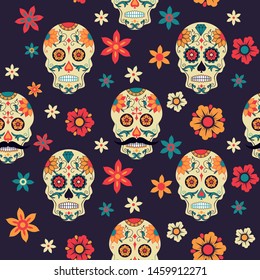 Seamless Mexican pattern Day of Dead with sugar skulls and flowers. Vector illustration.  