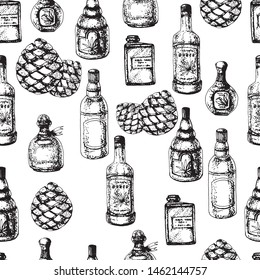 Seamless Mexican pattern, in the form of a bottle of tequila and a bush of light blue agave, drawn by hand on paper in the form of black and white contours. Elements for design, project, menu cards, l