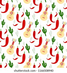 Seamless mexican pattern. guitar, cactus, pepper cili. Vector illustration.