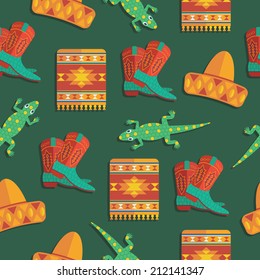 seamless mexican pattern with sombrero, blanket, lizard and cowboy boots, with clipping path