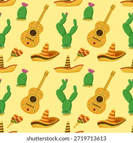 Seamless Mexican pattern with sombrero cactus guitar skull and maracas in colorful folk style
