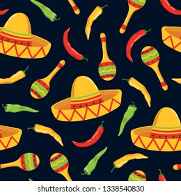 Seamless Mexican pattern with sombrero and chili pepper.
