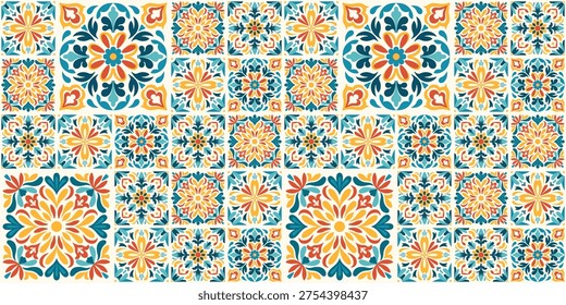 Seamless mexican tile pattern with talavera-inspired floral and geometric motifs in green, orange, yellow and cream. Ornamental ceramic mosaic background with repeating traditional folk squares.