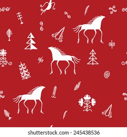Seamless Mezen pattern with horses and plants, white on a red background