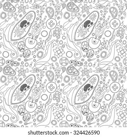 Seamless microorganism and bacteria pattern background. Microbiology and medicine vector illustration.