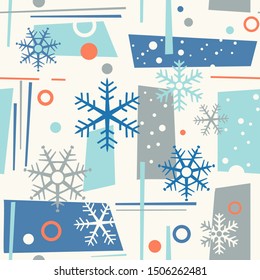 seamless mid century modern winter pattern with snowflakes and geometric shapes. Cheerful retro design for fabric, wallpaper, backgrounds and decor.