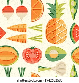 Seamless mid century pattern of fruits and vegetables. For backgrounds, print design, home decor. Healthy food theme. Vector illustration.

