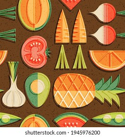 Seamless mid century pattern of fruits and vegetables. For backgrounds, print design, home decor. Healthy food theme. Vector illustration.
