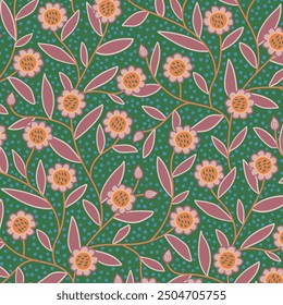 Seamless midcentury floral pattern with hand-drawn daisies and leaves in folk art style. Traditional botanical print for textiles, wallpapers, and decoration