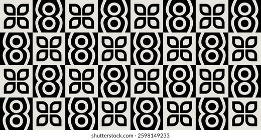 Seamless mid-century flower pattern in black and white. Graphical illustration for a unique wall decor, textiles and interior design.
