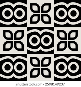 Seamless mid-century flower pattern in black and white. Graphical illustration for a unique wall decor, textiles and interior design.