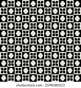 Seamless mid-century flower pattern in black and white. Graphical illustration for a unique wall decor, textiles and interior design.
