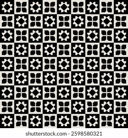 Seamless mid-century flower pattern in black and white. Graphical illustration for a unique wall decor, textiles and interior design.
