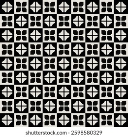 Seamless mid-century flower pattern in black and white. Graphical illustration for a unique wall decor, textiles and interior design.
