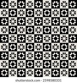Seamless mid-century flower pattern in black and white. Graphical illustration for a unique wall decor, textiles and interior design.
